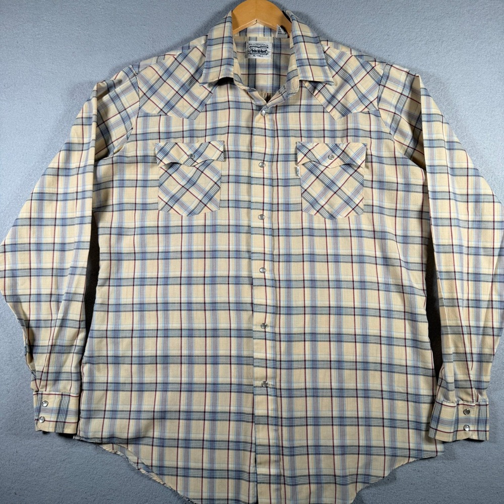 Levis Vintage Western Pearl Snap Shirt Mens XL Tall Plaid Tan Blue Red Korea